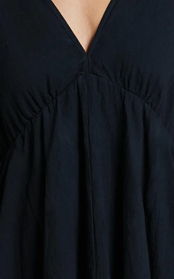 Showpo Chrisie Mini Dress 8211 V Neck Short Balloon Sleeve Tie Back Smock Linen Feel Dress In Black Women Dresses