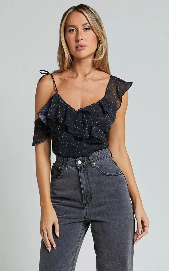 Showpo Chrislyn Top 8211 Asymmetric Frill Top In Black Polka Women Tops
