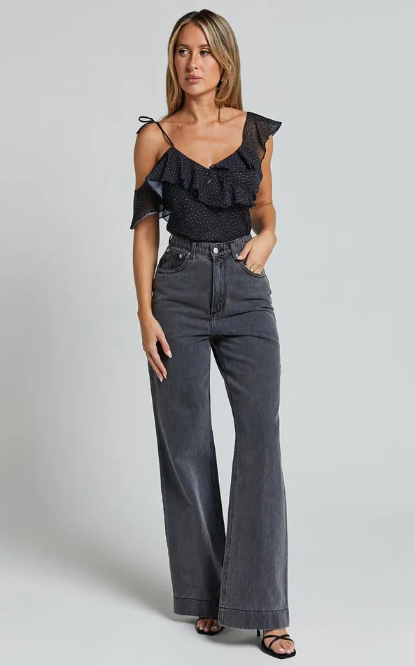 Showpo Chrislyn Top 8211 Asymmetric Frill Top In Black Polka Women Tops