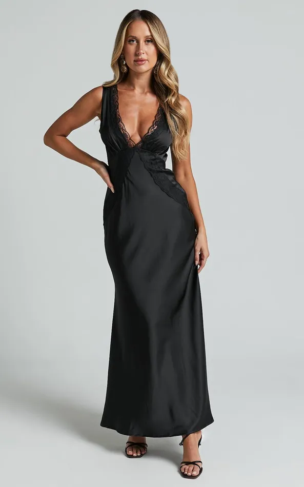 Showpo Chrissie Maxi Dress 8211 Lace Detail Plunge Dress In Black Women Dresses