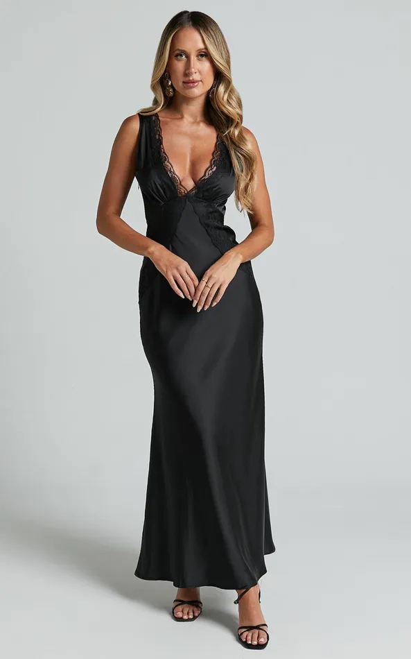Showpo Chrissie Maxi Dress 8211 Lace Detail Plunge Dress In Black Women Dresses