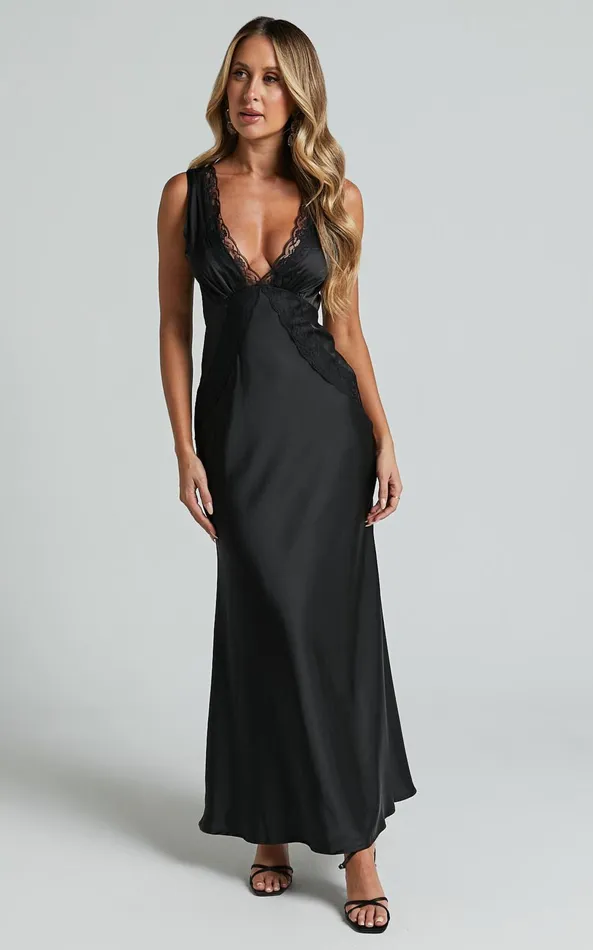 Showpo Chrissie Maxi Dress 8211 Lace Detail Plunge Dress In Black Women Dresses