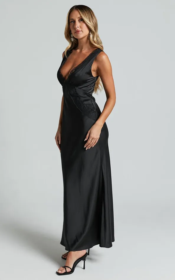 Showpo Chrissie Maxi Dress 8211 Lace Detail Plunge Dress In Black Women Dresses
