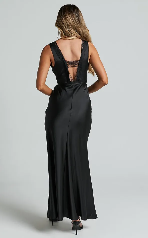 Showpo Chrissie Maxi Dress 8211 Lace Detail Plunge Dress In Black Women Dresses