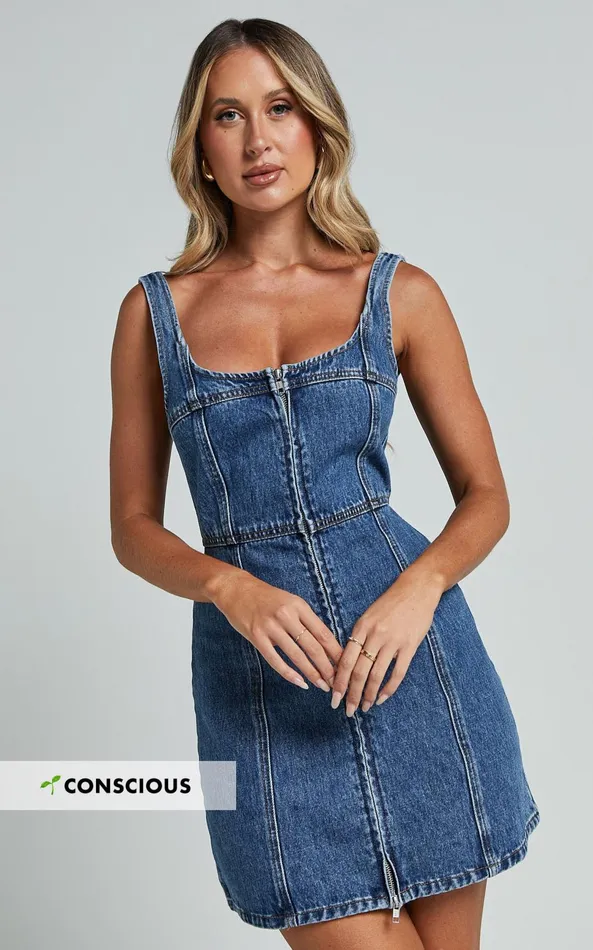 Showpo Chrysoula Mini Dress 8211 Square Neck Zip Front Sleeveless Bodycon Denim In Mid Blue Wash Women Dresses Showpo Chrysoula Mini Dress 8211 Square Neck Zip Front Sleeveless Bodycon Denim In Mid Blue Wash Women Dresses