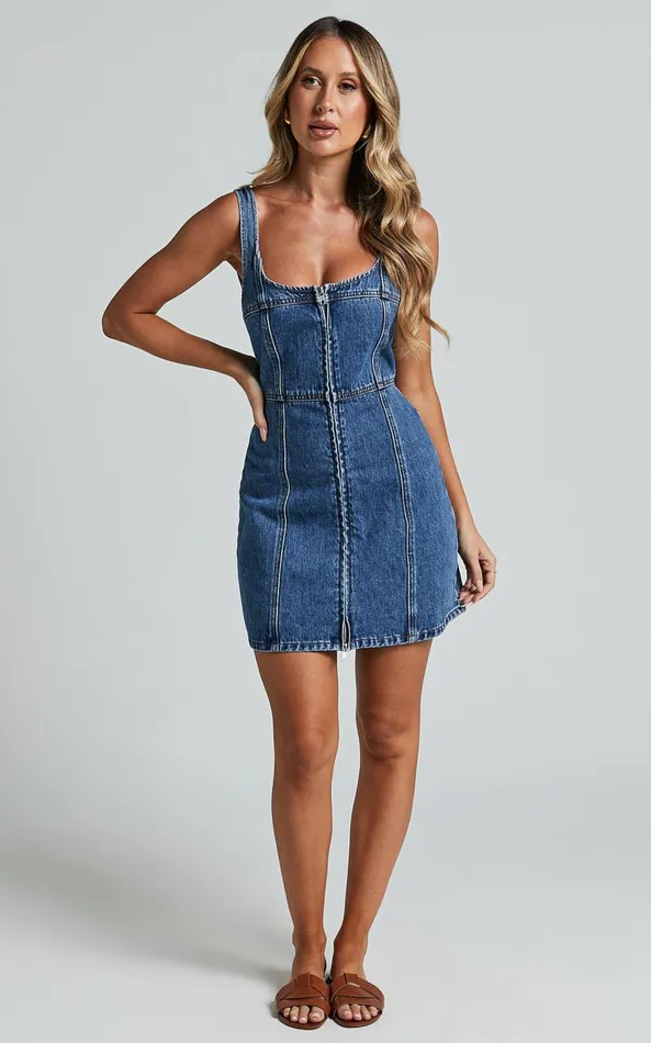 Showpo Chrysoula Mini Dress 8211 Square Neck Zip Front Sleeveless Bodycon Denim In Mid Blue Wash Women Dresses