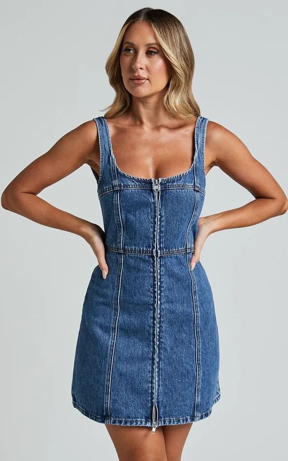 Showpo Chrysoula Mini Dress 8211 Square Neck Zip Front Sleeveless Bodycon Denim In Mid Blue Wash Women Dresses