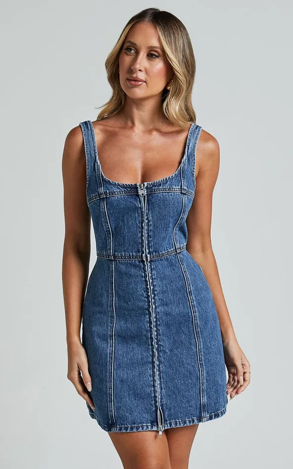 Showpo Chrysoula Mini Dress 8211 Square Neck Zip Front Sleeveless Bodycon Denim In Mid Blue Wash Women Dresses