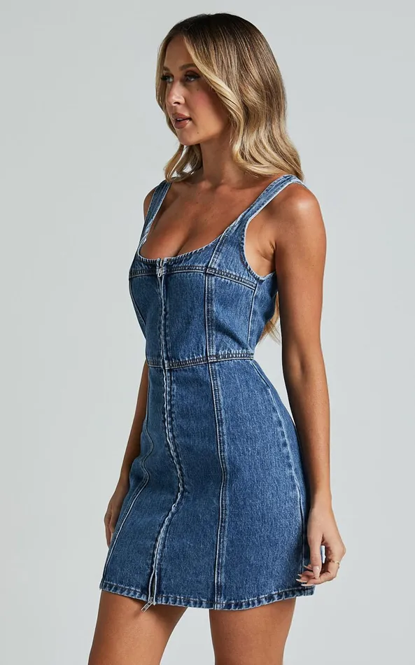 Showpo Chrysoula Mini Dress 8211 Square Neck Zip Front Sleeveless Bodycon Denim In Mid Blue Wash Women Dresses