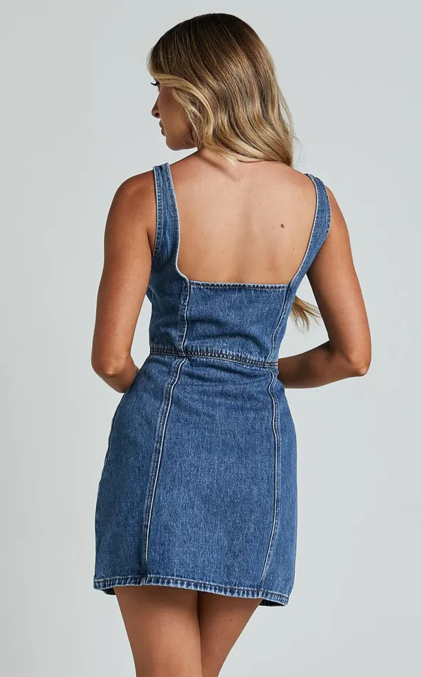 Showpo Chrysoula Mini Dress 8211 Square Neck Zip Front Sleeveless Bodycon Denim In Mid Blue Wash Women Dresses