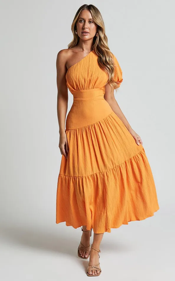Showpo Ciara Midi Dress 8211 One Shoulder Short Puff Sleeve Tiered Dress In Mango Women Dresses Showpo Ciara Midi Dress 8211 One Shoulder Short Puff Sleeve Tiered Dress In Mango Women Dresses