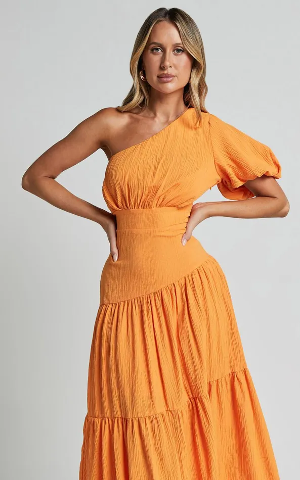 Showpo Ciara Midi Dress 8211 One Shoulder Short Puff Sleeve Tiered Dress In Mango Women Dresses