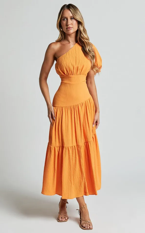 Showpo Ciara Midi Dress 8211 One Shoulder Short Puff Sleeve Tiered Dress In Mango Women Dresses