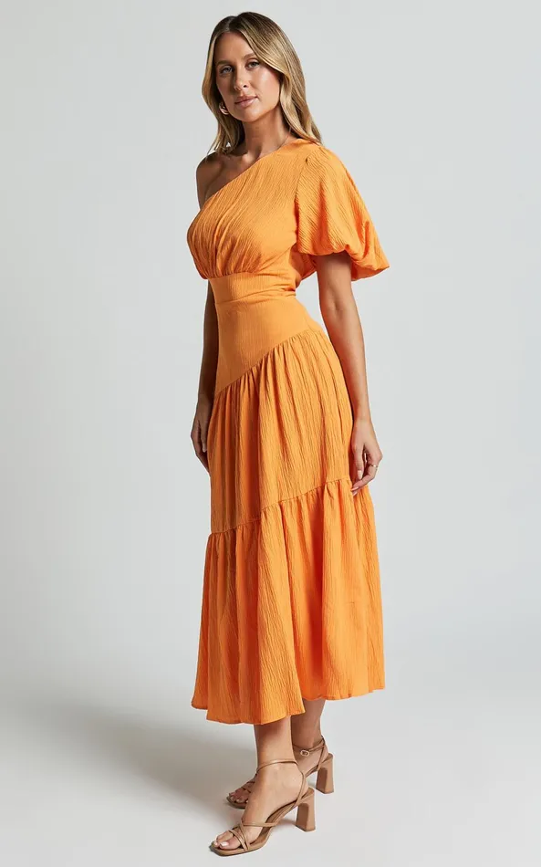 Showpo Ciara Midi Dress 8211 One Shoulder Short Puff Sleeve Tiered Dress In Mango Women Dresses