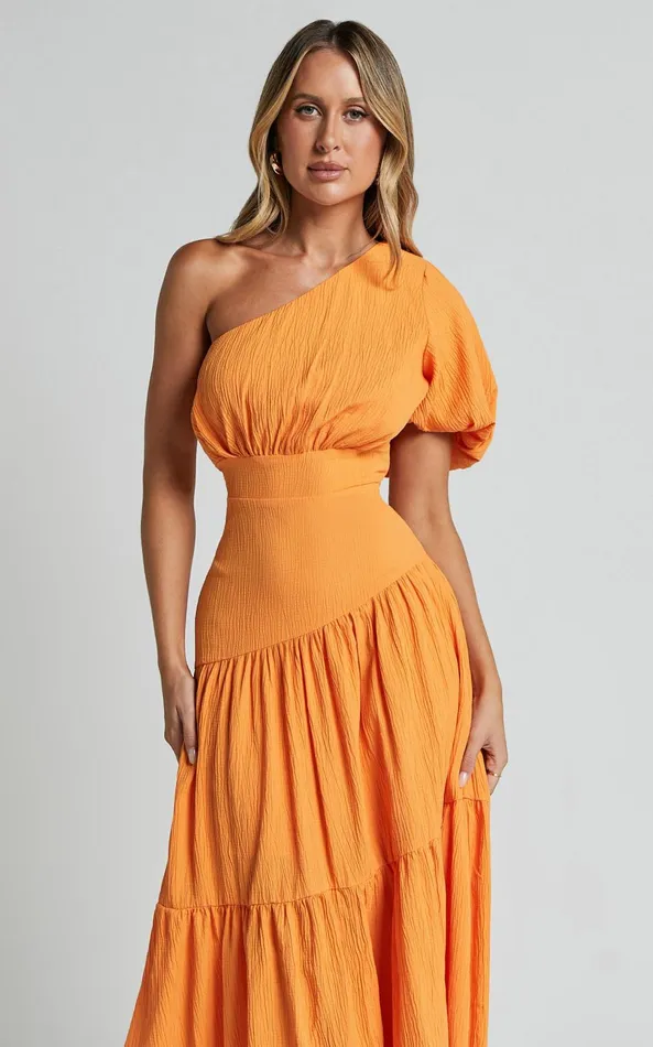Showpo Ciara Midi Dress 8211 One Shoulder Short Puff Sleeve Tiered Dress In Mango Women Dresses