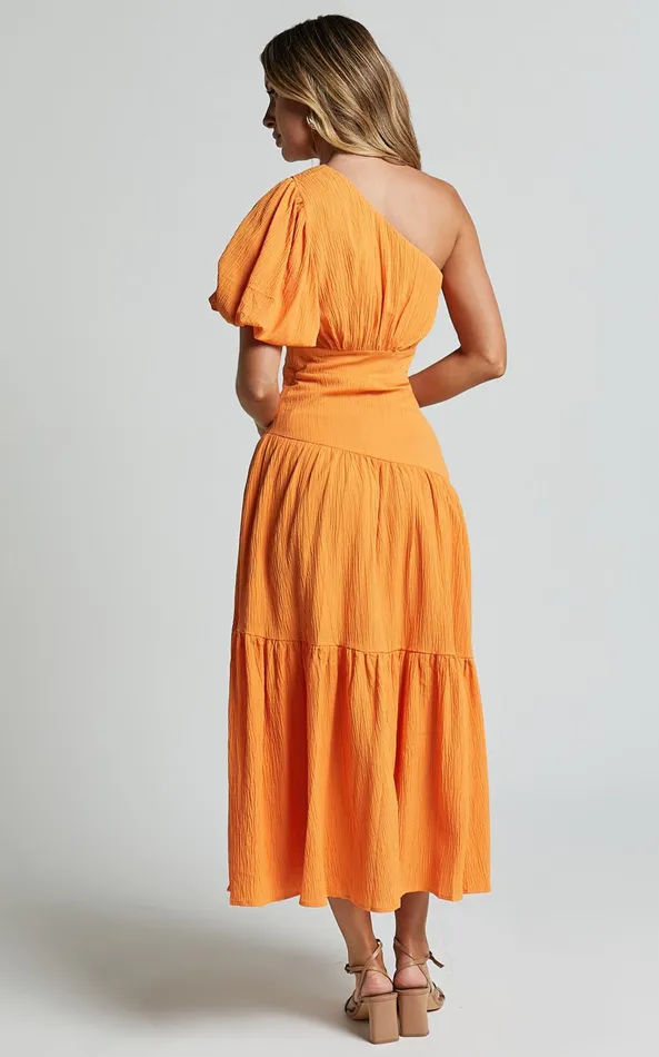 Showpo Ciara Midi Dress 8211 One Shoulder Short Puff Sleeve Tiered Dress In Mango Women Dresses