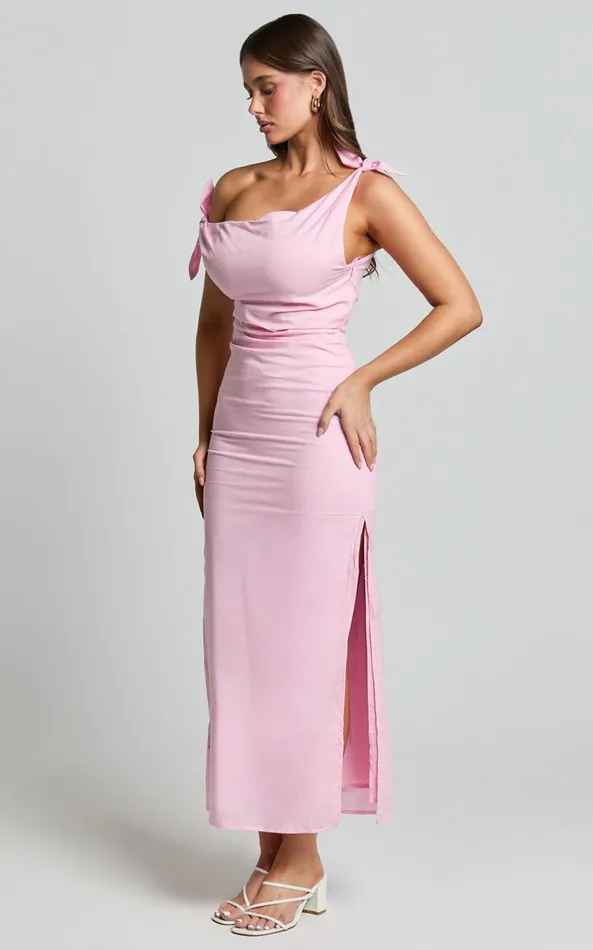 Showpo Cincinnati Midi Dress 8211 Off The Shoulder Side Split Column Linen Look Dress In Soft Pink Women Dresses