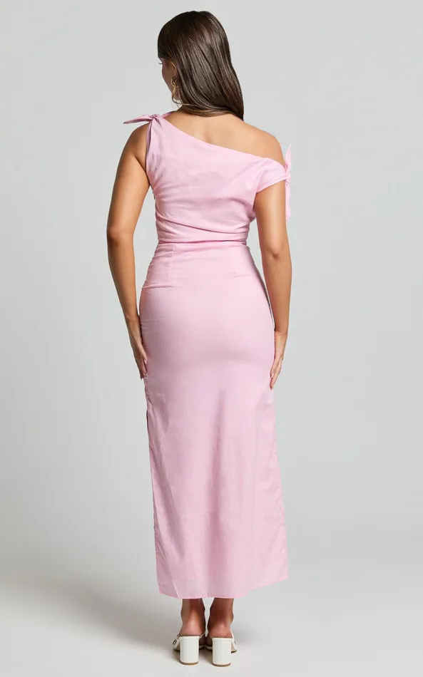 Showpo Cincinnati Midi Dress 8211 Off The Shoulder Side Split Column Linen Look Dress In Soft Pink Women Dresses