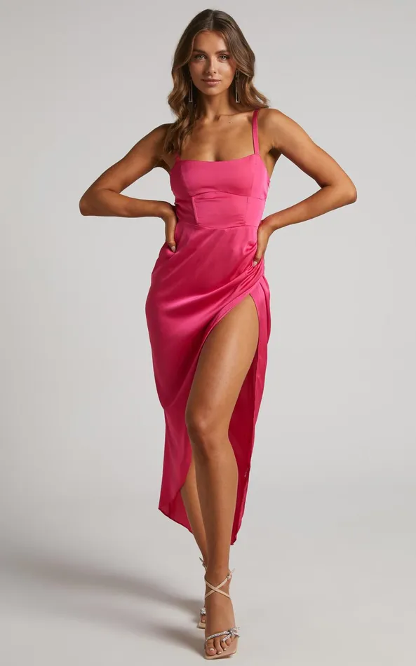Showpo Cirilla Midi Dress 8211 Thigh Split Corset Panelled Dress In Pink Women Dresses