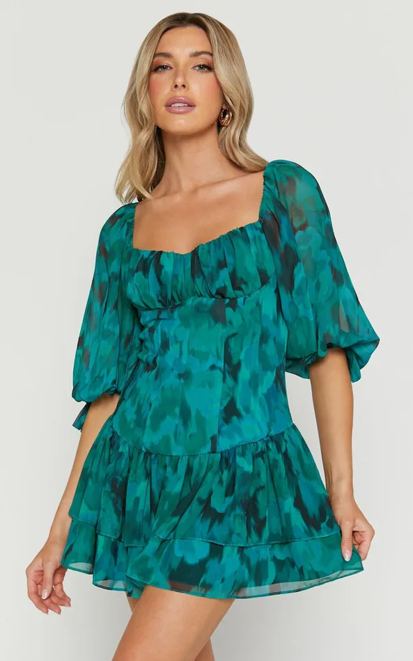 Showpo Clabelle Mini Dress 8211 Puff Sleeve Tiered Ruffle Hem Sweetheart Dress In Emerald Blur Floral Women Dresses Showpo Clabelle Mini Dress 8211 Puff Sleeve Tiered Ruffle Hem Sweetheart Dress In Emerald Blur Floral Women Dresses