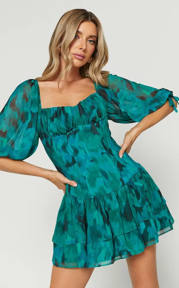 Showpo Clabelle Mini Dress 8211 Puff Sleeve Tiered Ruffle Hem Sweetheart Dress In Emerald Blur Floral Women Dresses