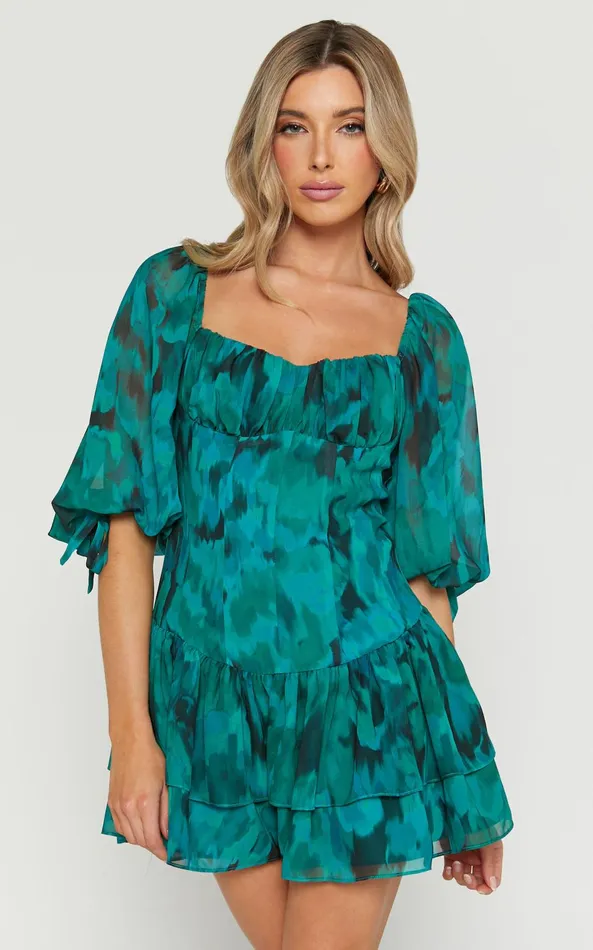 Showpo Clabelle Mini Dress 8211 Puff Sleeve Tiered Ruffle Hem Sweetheart Dress In Emerald Blur Floral Women Dresses