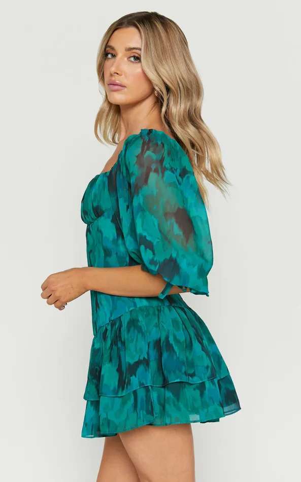 Showpo Clabelle Mini Dress 8211 Puff Sleeve Tiered Ruffle Hem Sweetheart Dress In Emerald Blur Floral Women Dresses