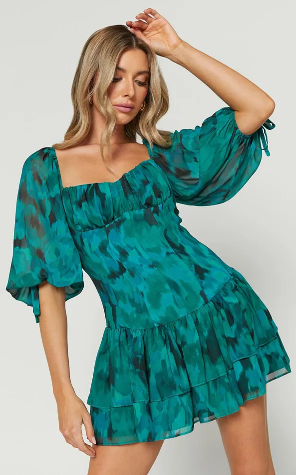 Showpo Clabelle Mini Dress 8211 Puff Sleeve Tiered Ruffle Hem Sweetheart Dress In Emerald Blur Floral Women Dresses