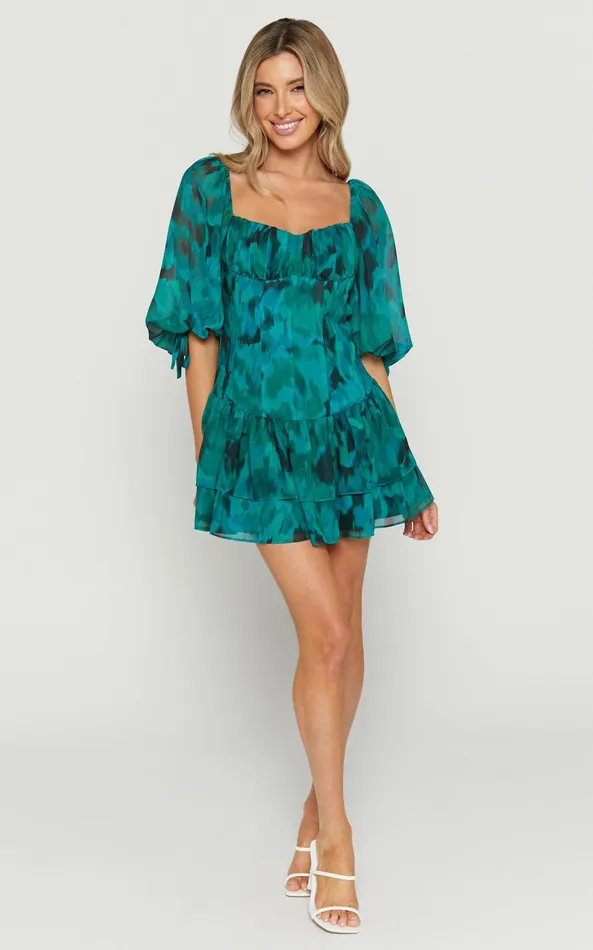 Showpo Clabelle Mini Dress 8211 Puff Sleeve Tiered Ruffle Hem Sweetheart Dress In Emerald Blur Floral Women Dresses