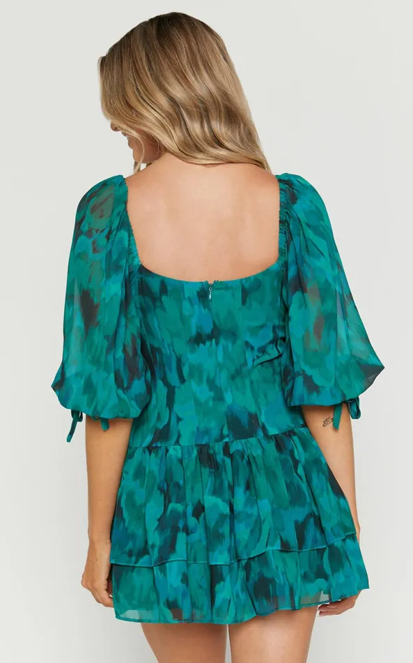 Showpo Clabelle Mini Dress 8211 Puff Sleeve Tiered Ruffle Hem Sweetheart Dress In Emerald Blur Floral Women Dresses