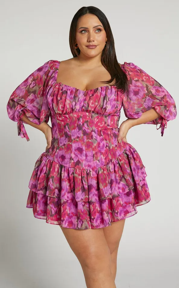 Showpo Clabelle Mini Dress 8211 Puff Sleeve Tiered Ruffle Hem Sweetheart Dress In Violette Blur Floral Women Curve Clothes