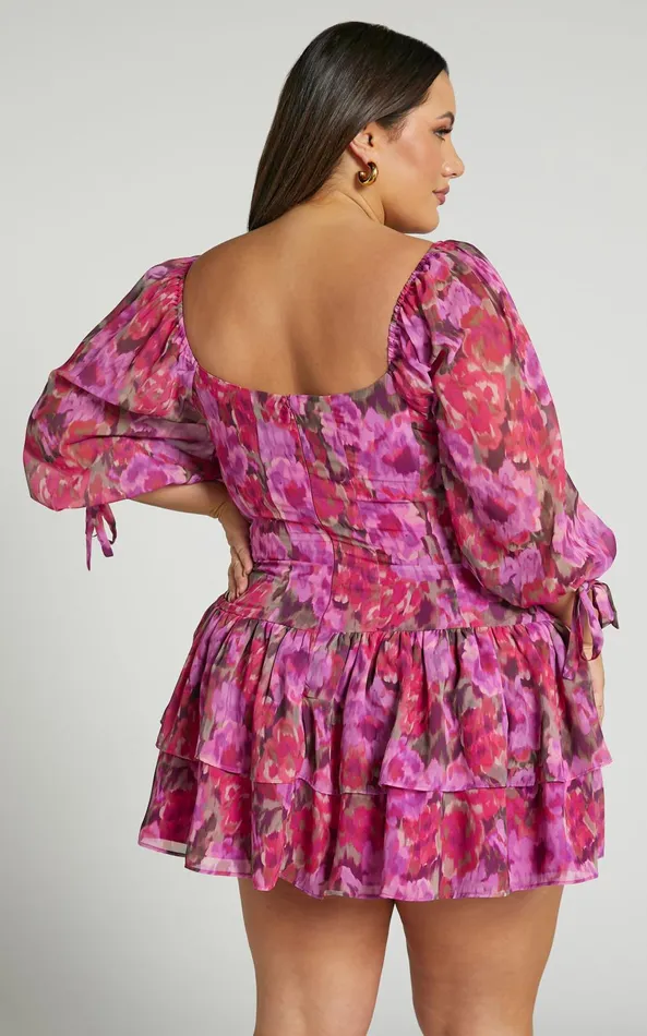 Showpo Clabelle Mini Dress 8211 Puff Sleeve Tiered Ruffle Hem Sweetheart Dress In Violette Blur Floral Women Curve Clothes