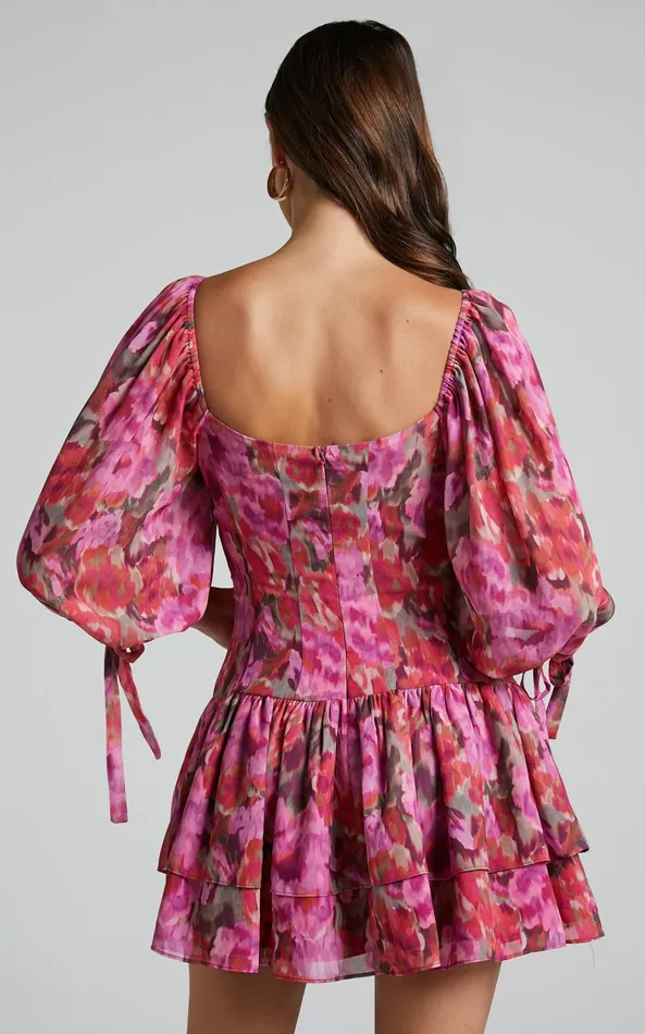 Showpo Clabelle Mini Dress 8211 Puff Sleeve Tiered Ruffle Hem Sweetheart Dress In Violette Blur Floral Women Curve Clothes