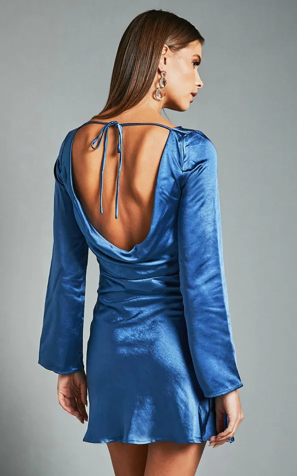 Showpo Cladette Mini Dress 8211 Boat Neck Open Tie Back Long Sleeve In Steel Blue Women Dresses Showpo Cladette Mini Dress 8211 Boat Neck Open Tie Back Long Sleeve In Steel Blue Women Dresses