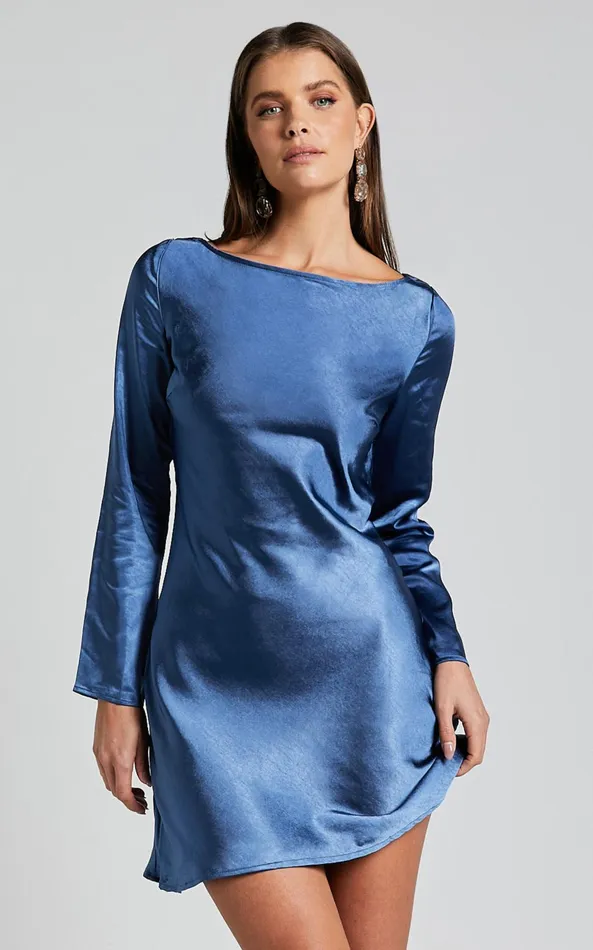 Showpo Cladette Mini Dress 8211 Boat Neck Open Tie Back Long Sleeve In Steel Blue Women Dresses