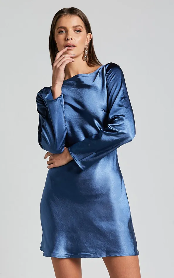 Showpo Cladette Mini Dress 8211 Boat Neck Open Tie Back Long Sleeve In Steel Blue Women Dresses