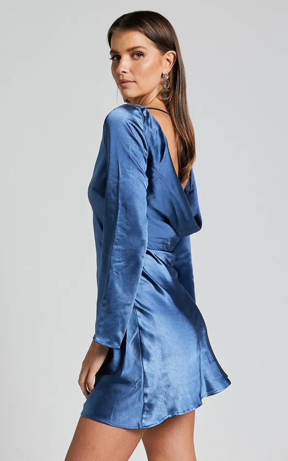 Showpo Cladette Mini Dress 8211 Boat Neck Open Tie Back Long Sleeve In Steel Blue Women Dresses