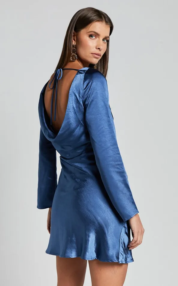 Showpo Cladette Mini Dress 8211 Boat Neck Open Tie Back Long Sleeve In Steel Blue Women Dresses