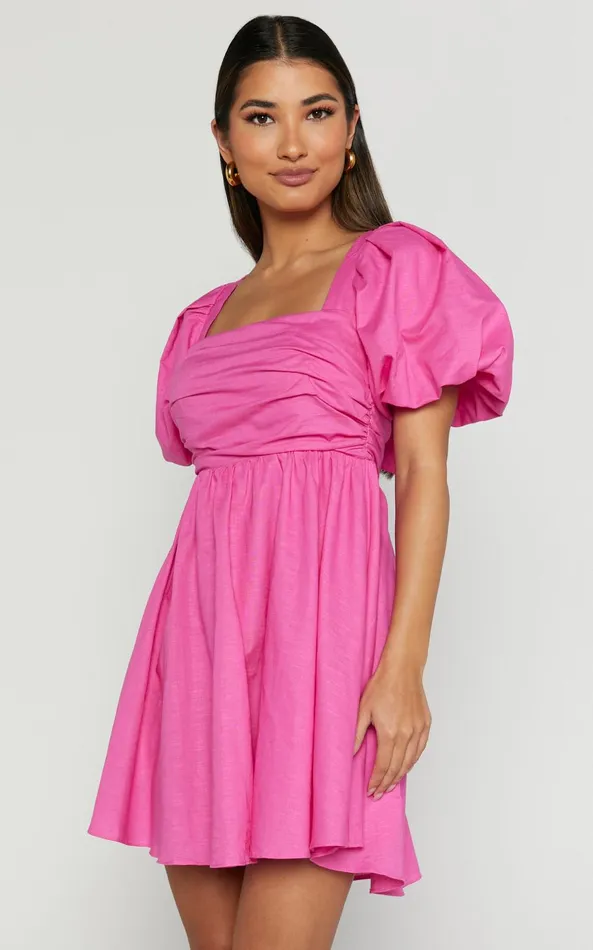 Showpo Clara Mini Dress 8211 Square Neck Short Puff Sleeve In Pink Women Dresses