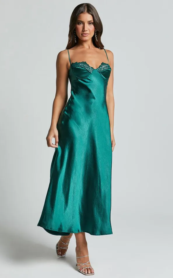 Showpo Clare Midi Dress 8211 Sleeveless Wide V Neck Cup Bust Slip Dress In Emerald Women Dresses