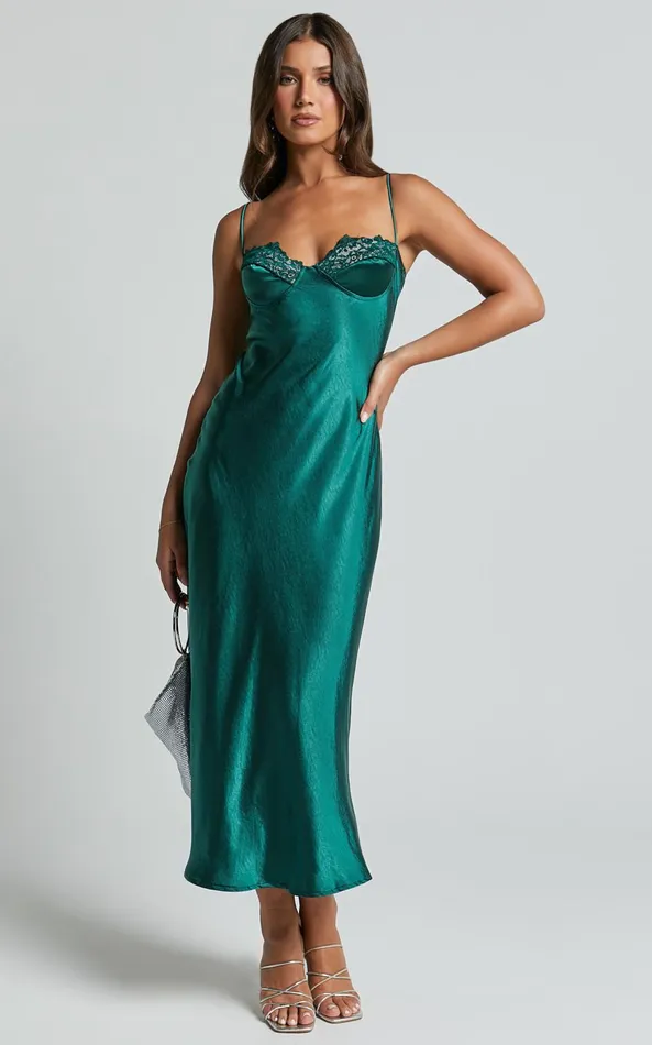 Showpo Clare Midi Dress 8211 Sleeveless Wide V Neck Cup Bust Slip Dress In Emerald Women Dresses
