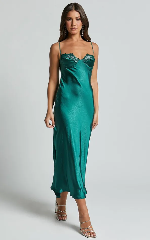 Showpo Clare Midi Dress 8211 Sleeveless Wide V Neck Cup Bust Slip Dress In Emerald Women Dresses