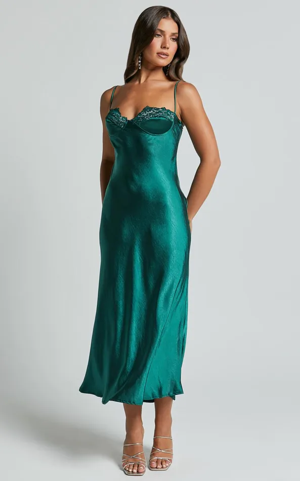 Showpo Clare Midi Dress 8211 Sleeveless Wide V Neck Cup Bust Slip Dress In Emerald Women Dresses