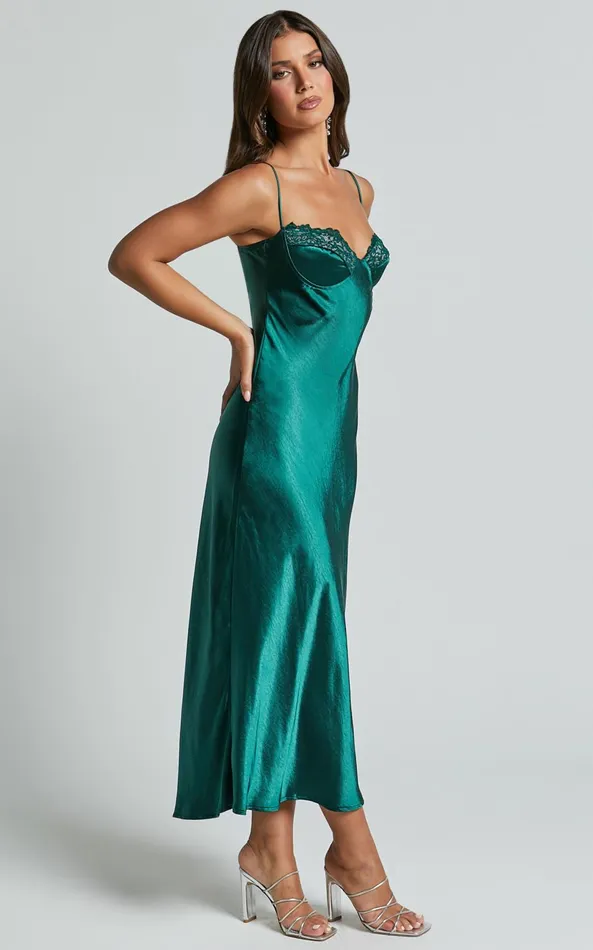 Showpo Clare Midi Dress 8211 Sleeveless Wide V Neck Cup Bust Slip Dress In Emerald Women Dresses