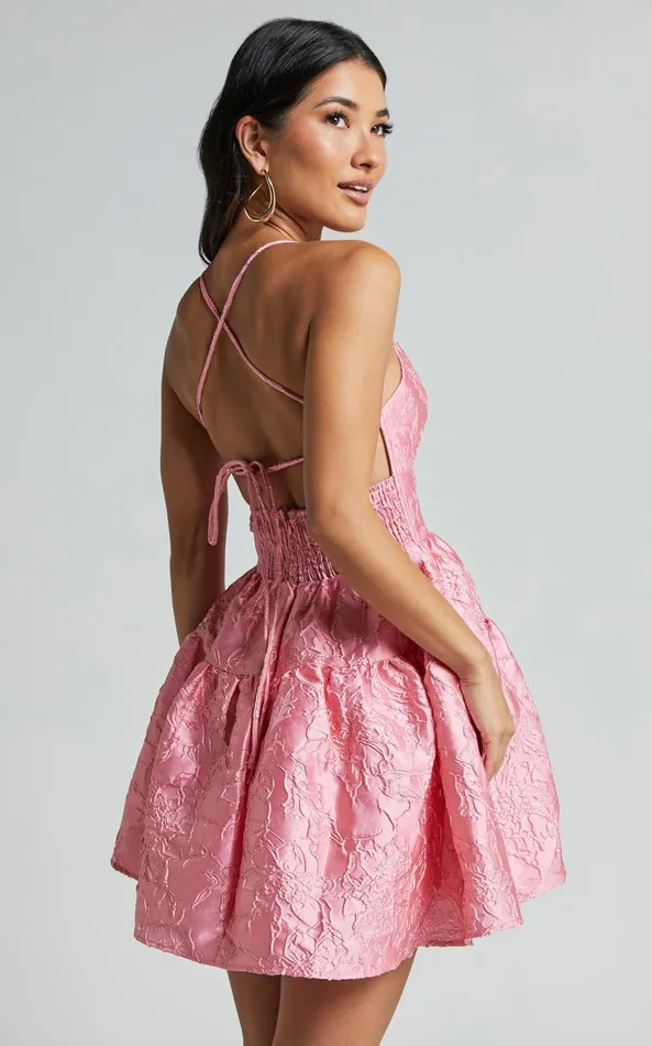 Showpo Clare Mini Dress 8211 Bust Panel Jacqauard Full Skirt Dress In Pink Women Dresses
