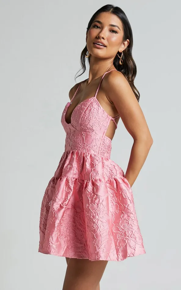 Showpo Clare Mini Dress 8211 Bust Panel Jacqauard Full Skirt Dress In Pink Women Dresses