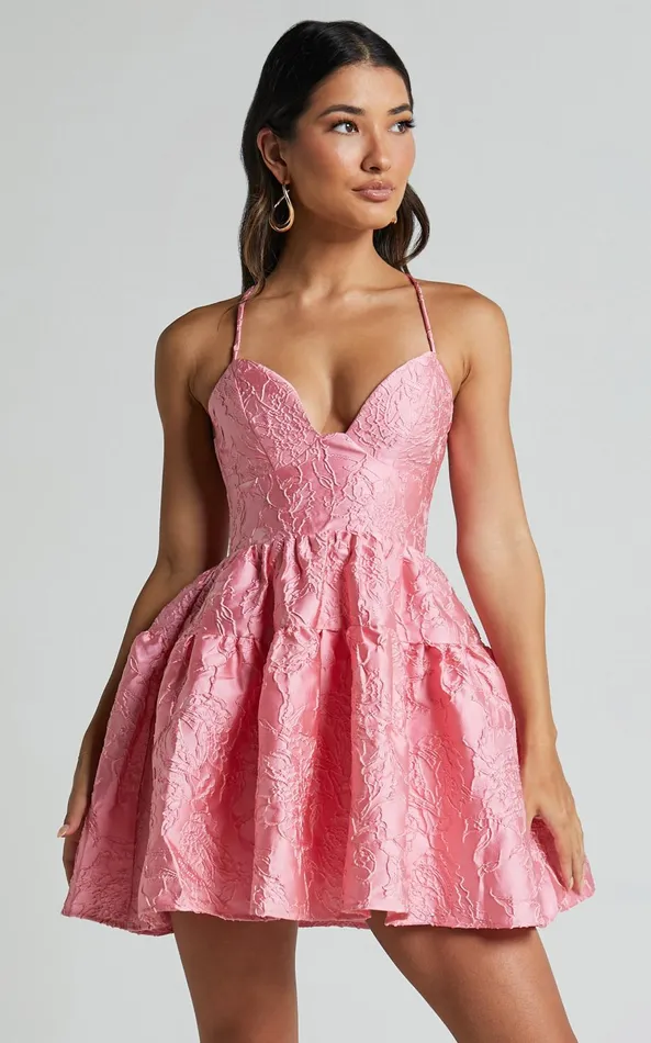Showpo Clare Mini Dress 8211 Bust Panel Jacqauard Full Skirt Dress In Pink Women Dresses