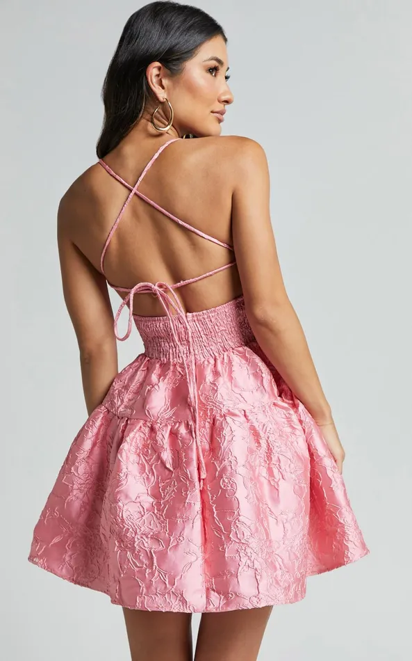 Showpo Clare Mini Dress 8211 Bust Panel Jacqauard Full Skirt Dress In Pink Women Dresses