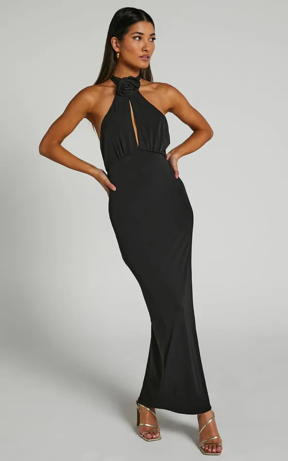 Showpo Claret Midi Dress Rosette Halter Midi Dress In Black Women Dresses