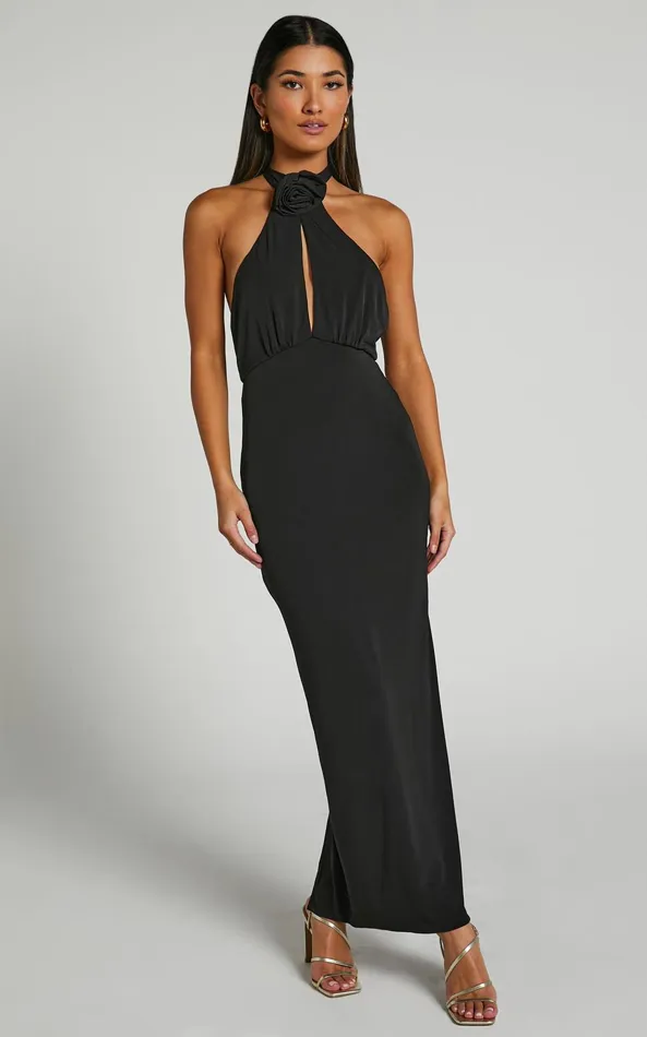 Showpo Claret Midi Dress Rosette Halter Midi Dress In Black Women Dresses